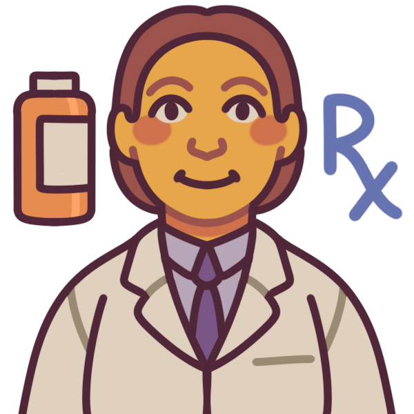  a person with a white coat and purple tie and shirt, with an orange pill bottle and a blue Rx symbol next to them.